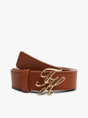 brown logo plaque buckle leather belt for women tommy hilfiger