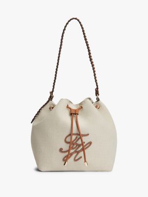 beige pure linen canvas bucket bag for women tommy hilfiger