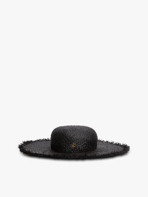 black gewebter strohhut mit logo-emblem für damen - tommy hilfiger