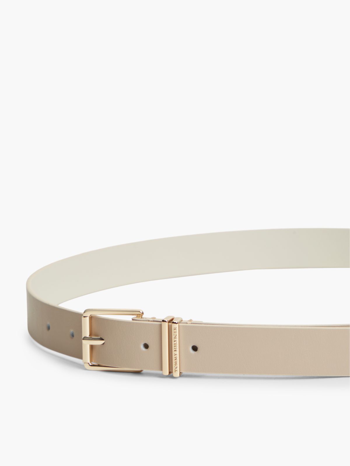 Double Keeper Square Buckle Leather Belt — Beige