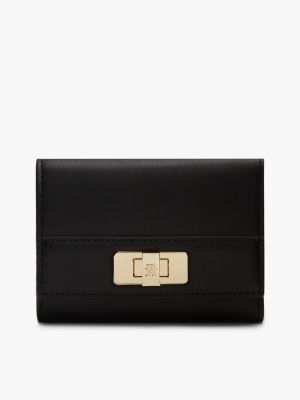 black modern th monogram turn lock trifold wallet for women tommy hilfiger