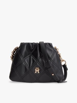 black gesteppte crossbody-tasche mit kette und th-monogramm für damen - tommy hilfiger