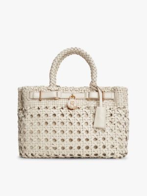 beige the american icon braided leather tote bag for women tommy hilfiger