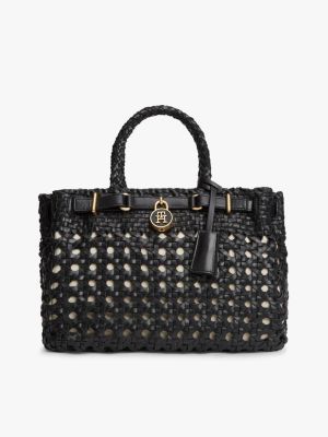 cabas american icon en cuir tressé black pour femmes tommy hilfiger