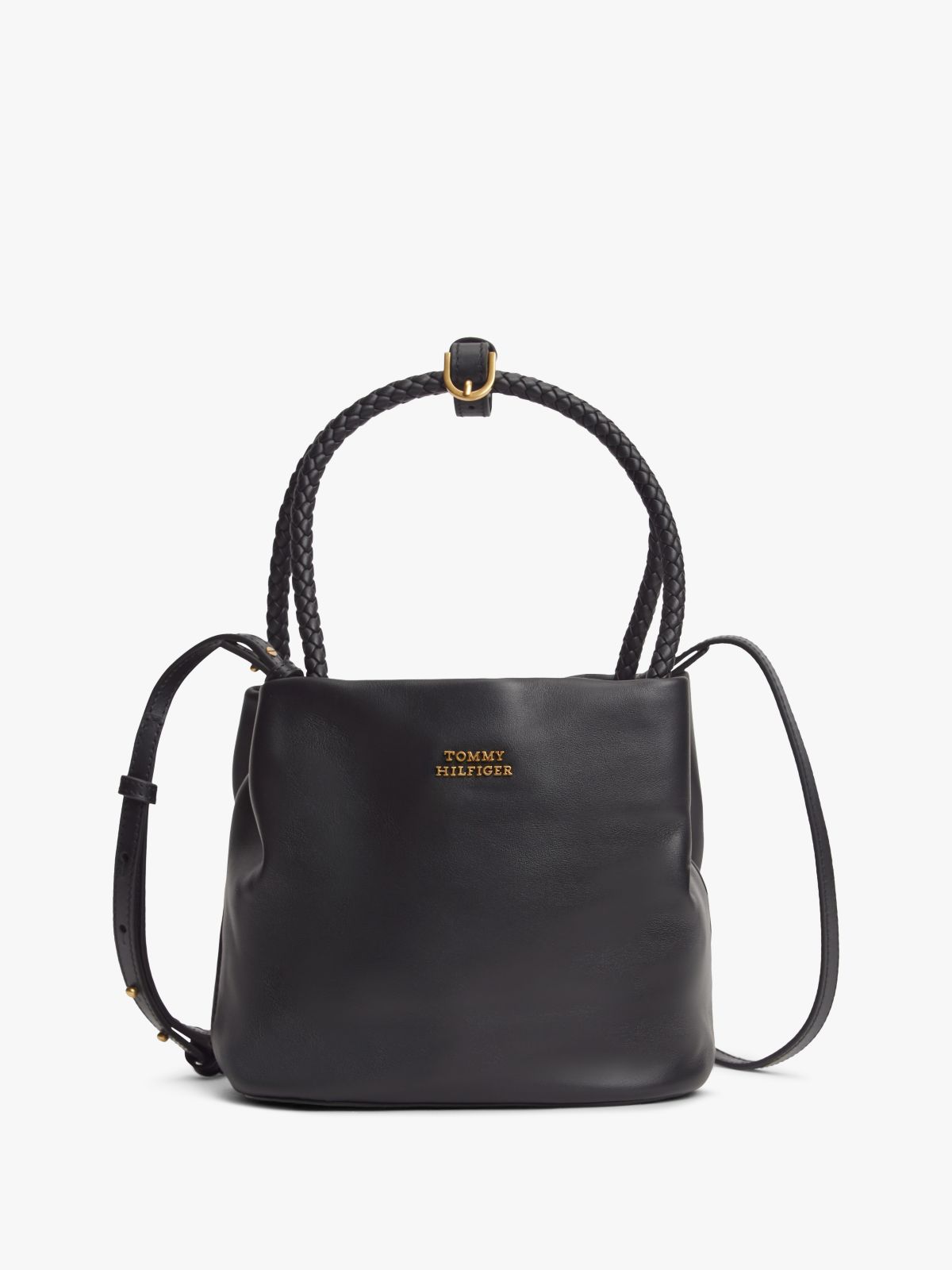 Convertible Leather Crossbody Bucket Bag — Black