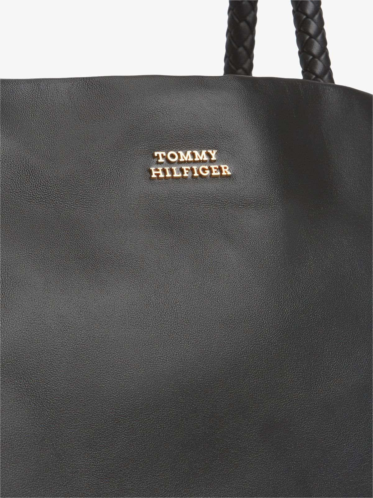 Leather Braided Handle Tote Bag — Black