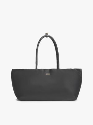 black leren shopper met gevlochten handvat voor dames - tommy hilfiger