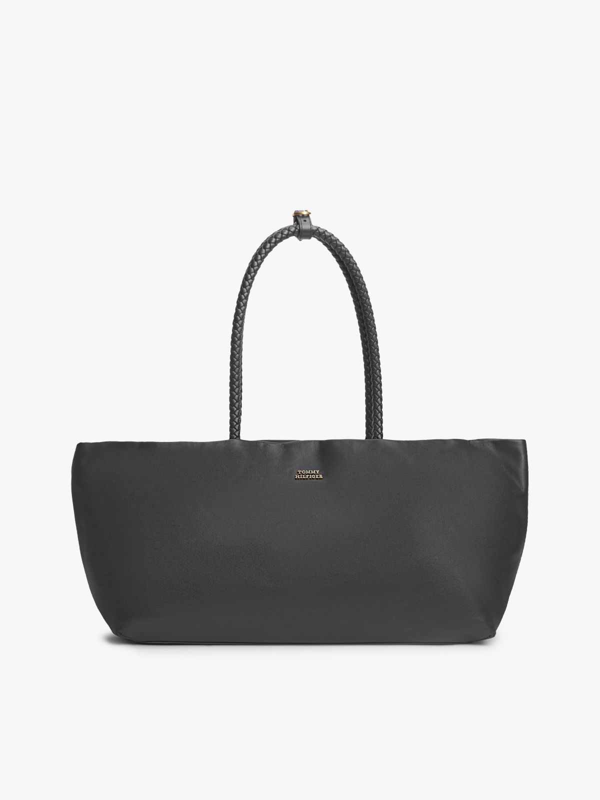 Leather Braided Handle Tote Bag — Black