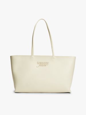 beige essential textured logo tote bag for women tommy jeans