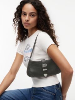 Abstract Buckle Cracked Leather Shoulder Bag — Black 2