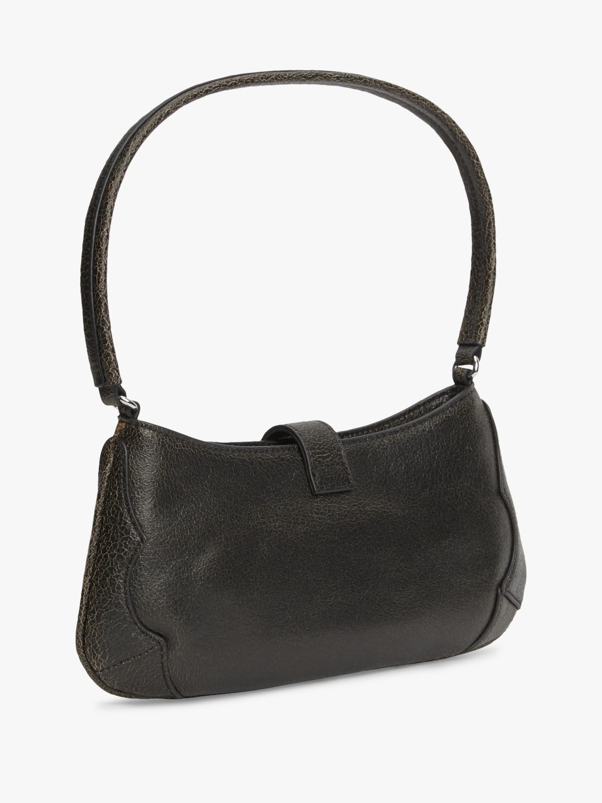 Abstract Buckle Cracked Leather Shoulder Bag — Black