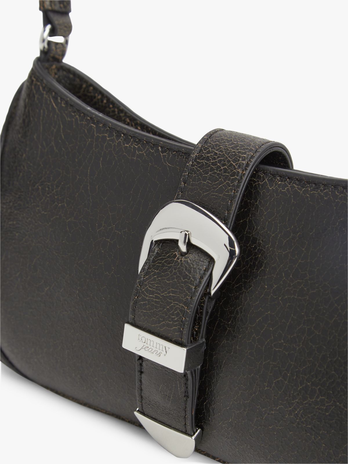 Abstract Buckle Cracked Leather Shoulder Bag — Black