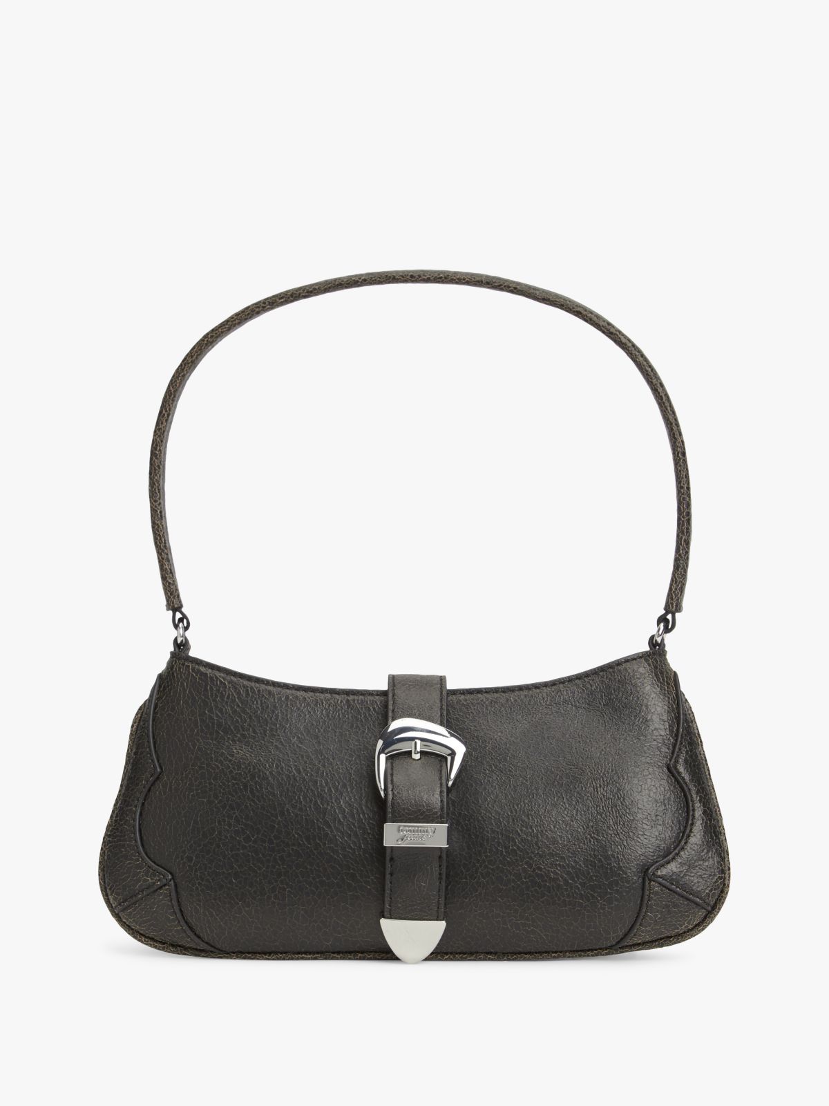 Abstract Buckle Cracked Leather Shoulder Bag — Black
