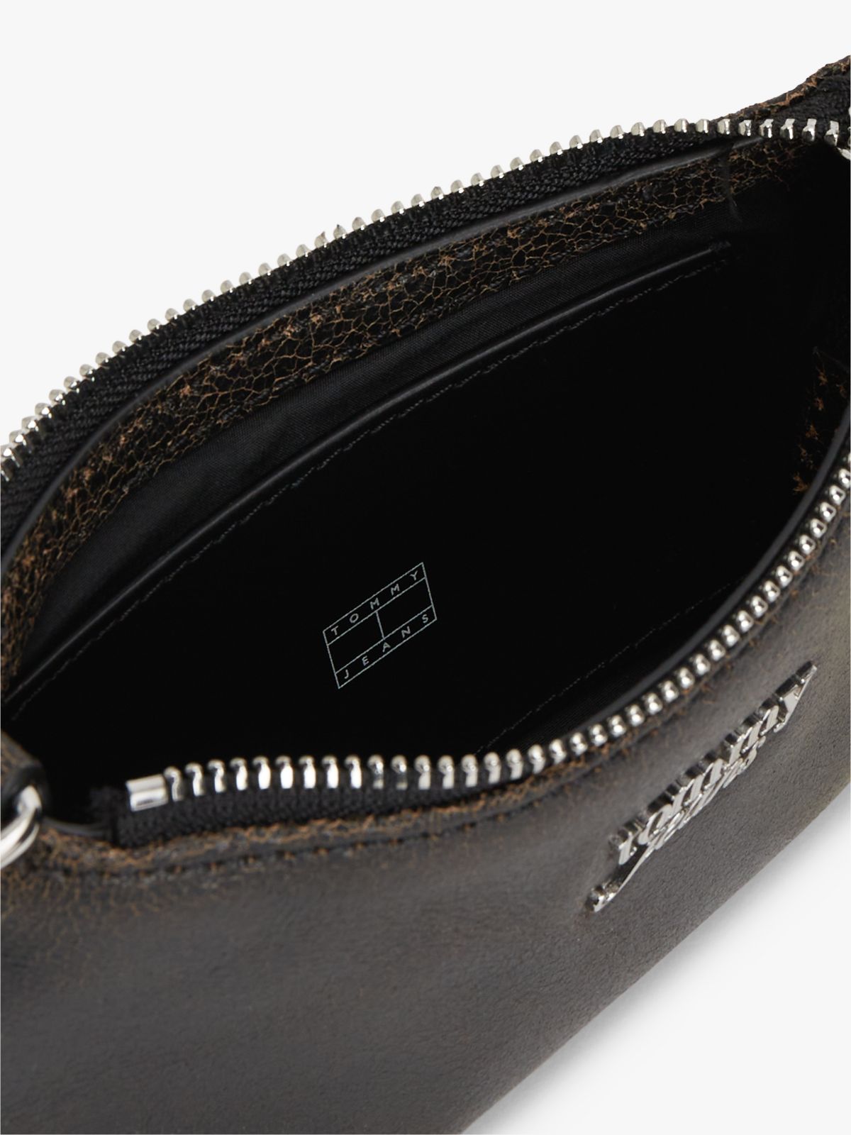 Chain Strap Cracked Leather Logo Wallet — Black