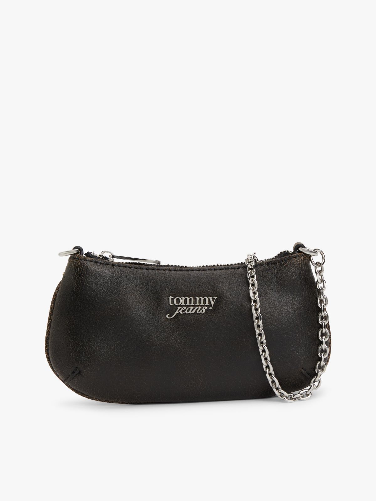 Chain Strap Cracked Leather Logo Wallet — Black