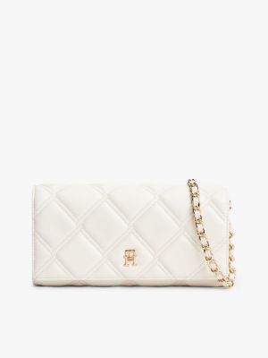 beige quilted th monogram chain strap wallet for women tommy hilfiger