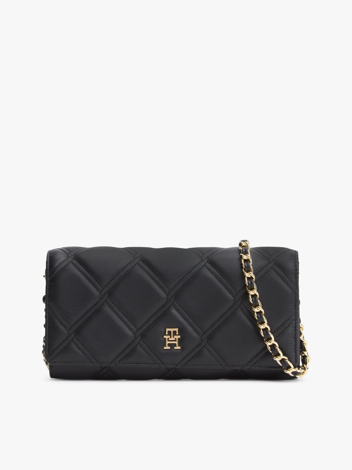 Quilted TH Monogram Chain Strap Wallet — Black