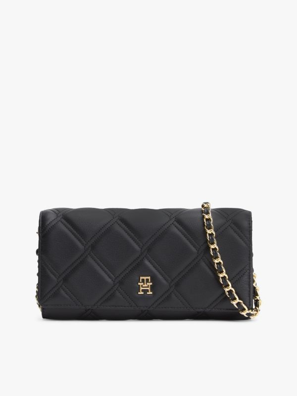 Quilted TH Monogram Chain Strap Wallet — Black