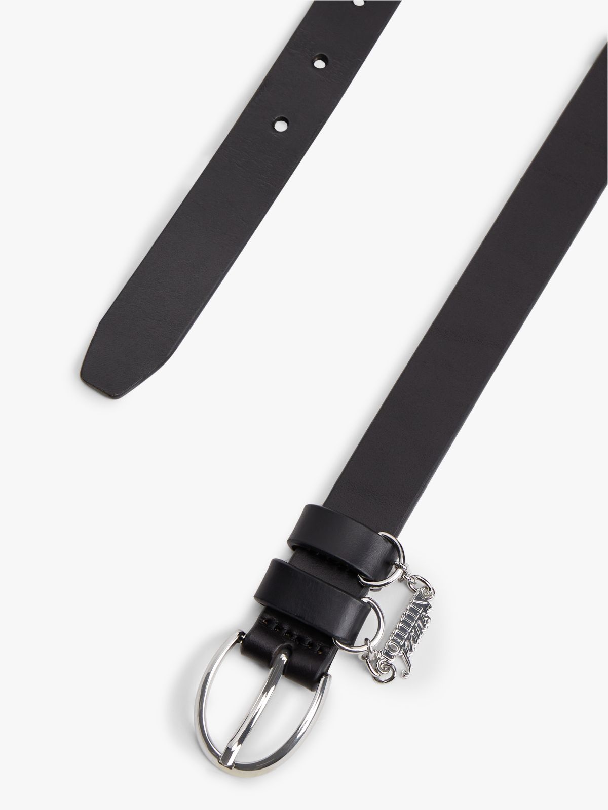 Logo Plaque Charm Leather Belt — Black