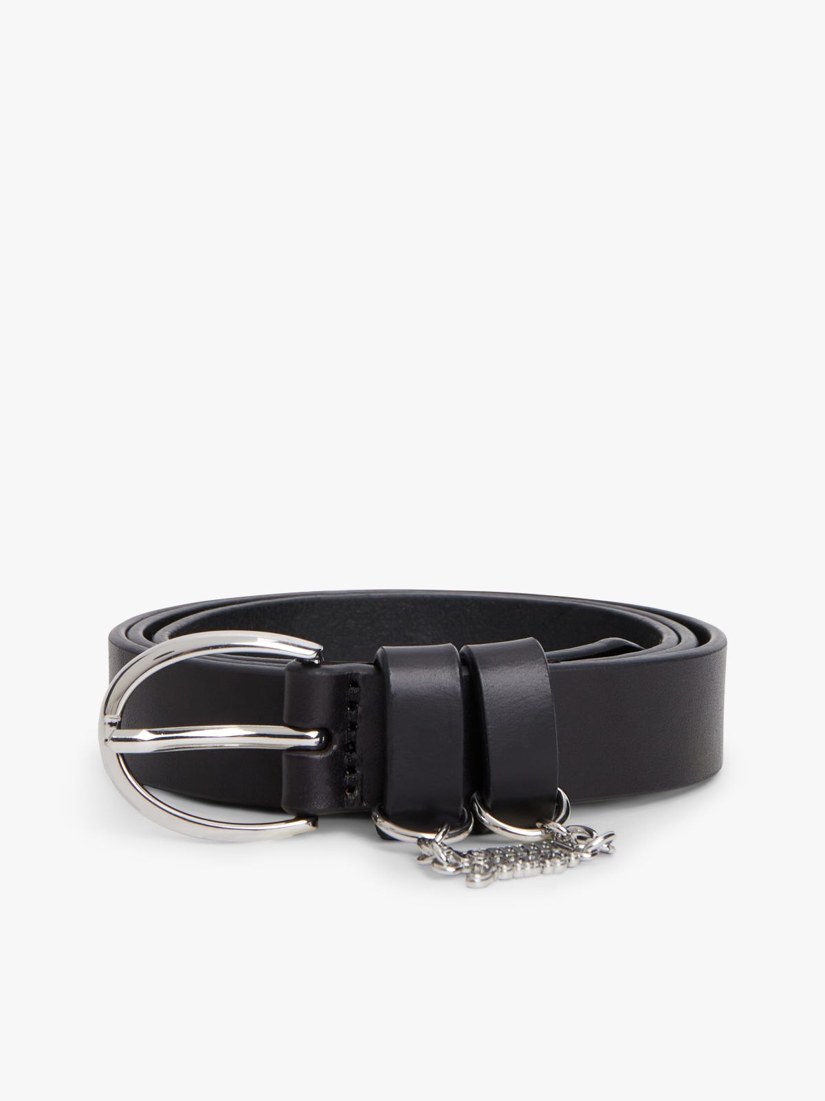 Logo Plaque Charm Leather Belt — Black