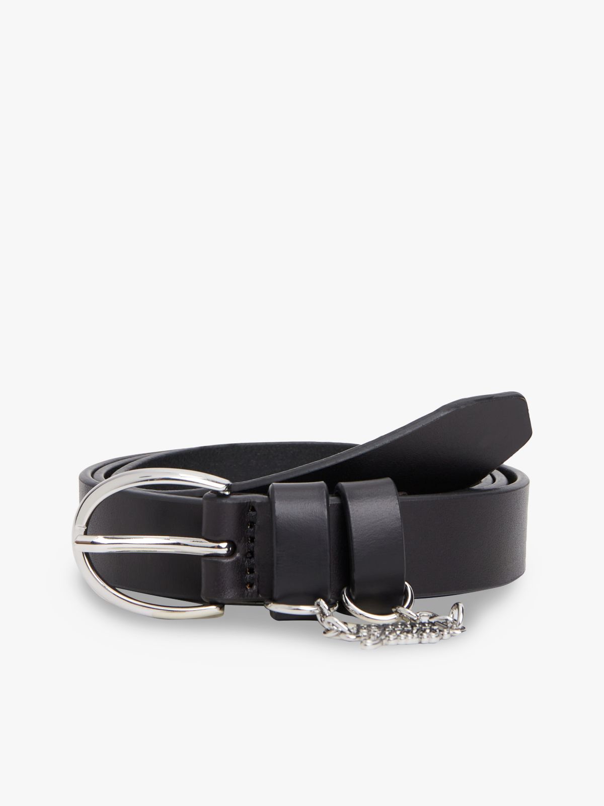 Logo Plaque Charm Leather Belt — Black