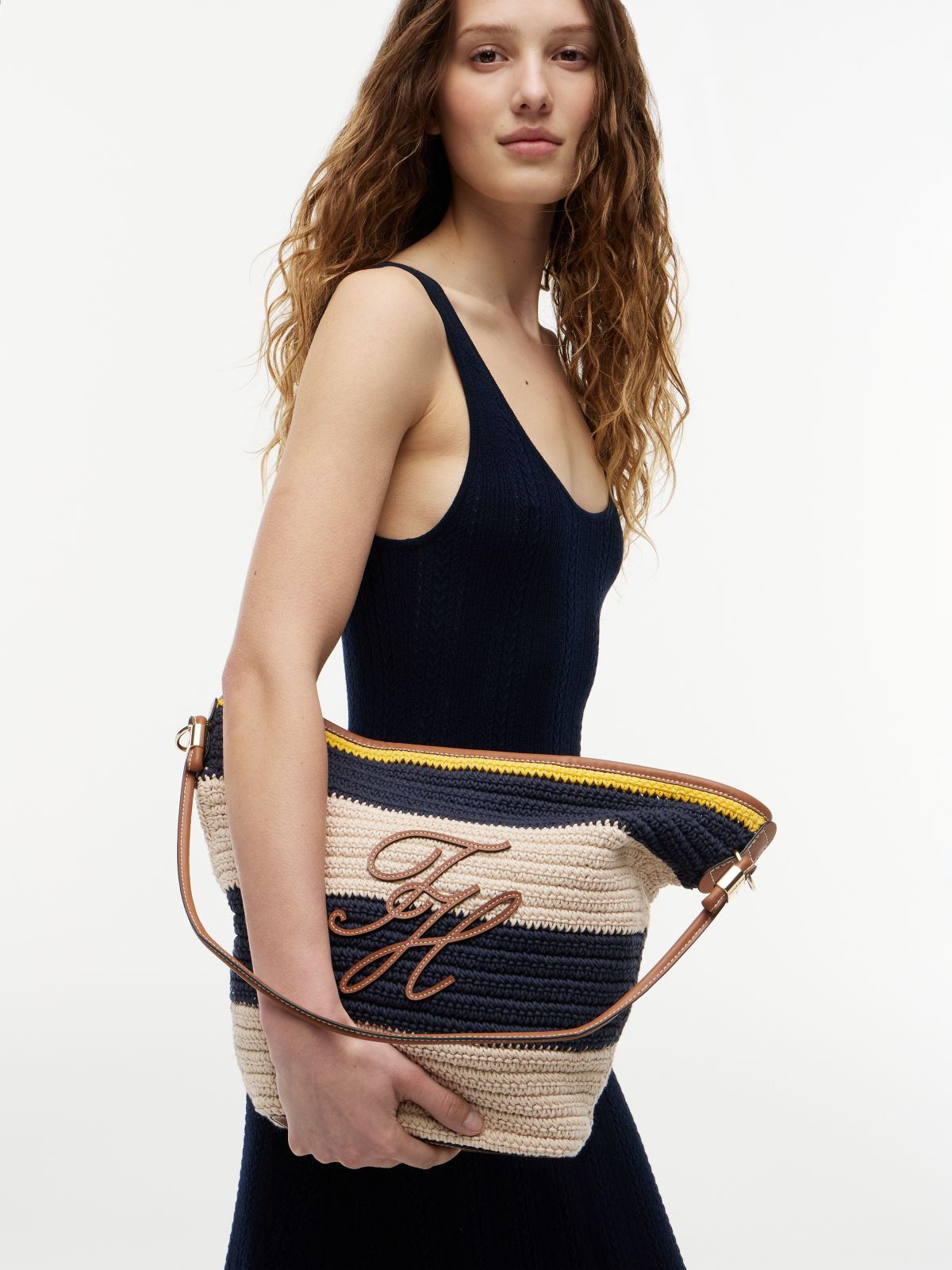 Logo Appliqué Woven Bucket Bag — Multi