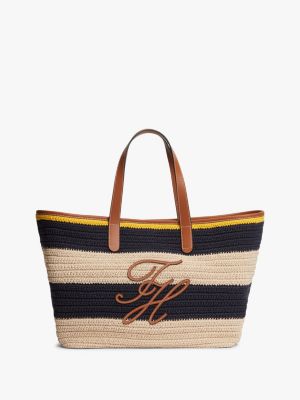 borsa tote a righe con applique del logo blue da donne tommy hilfiger