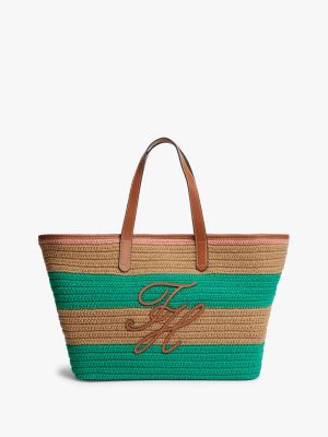 borsa tote a righe con applique del logo green da donne tommy hilfiger