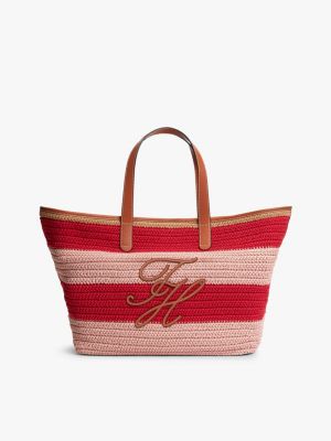 borsa tote a righe con applique del logo pink da donne tommy hilfiger