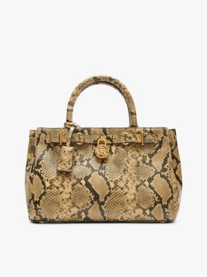 beige skórzana torba tote the american icon ze wzorem wężowej skóry dla kobiety - tommy hilfiger