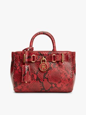 red skórzana torba tote the american icon ze wzorem wężowej skóry dla kobiety - tommy hilfiger