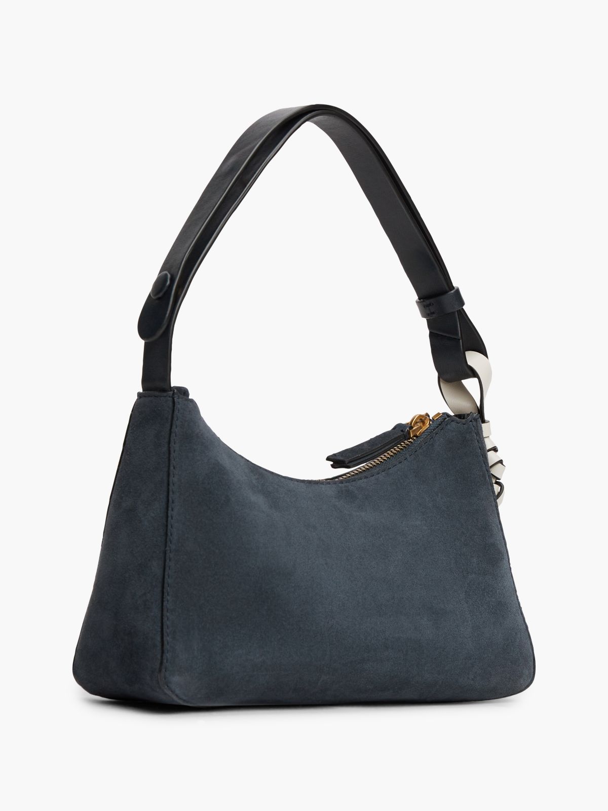 Metal Logo Suede Shoulder Bag — Blue