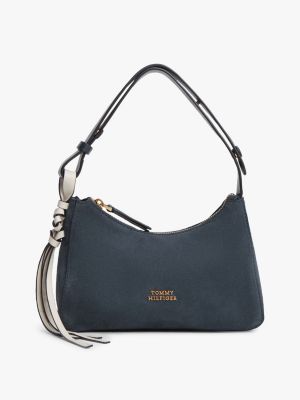 blue metal logo suede shoulder bag for women tommy hilfiger