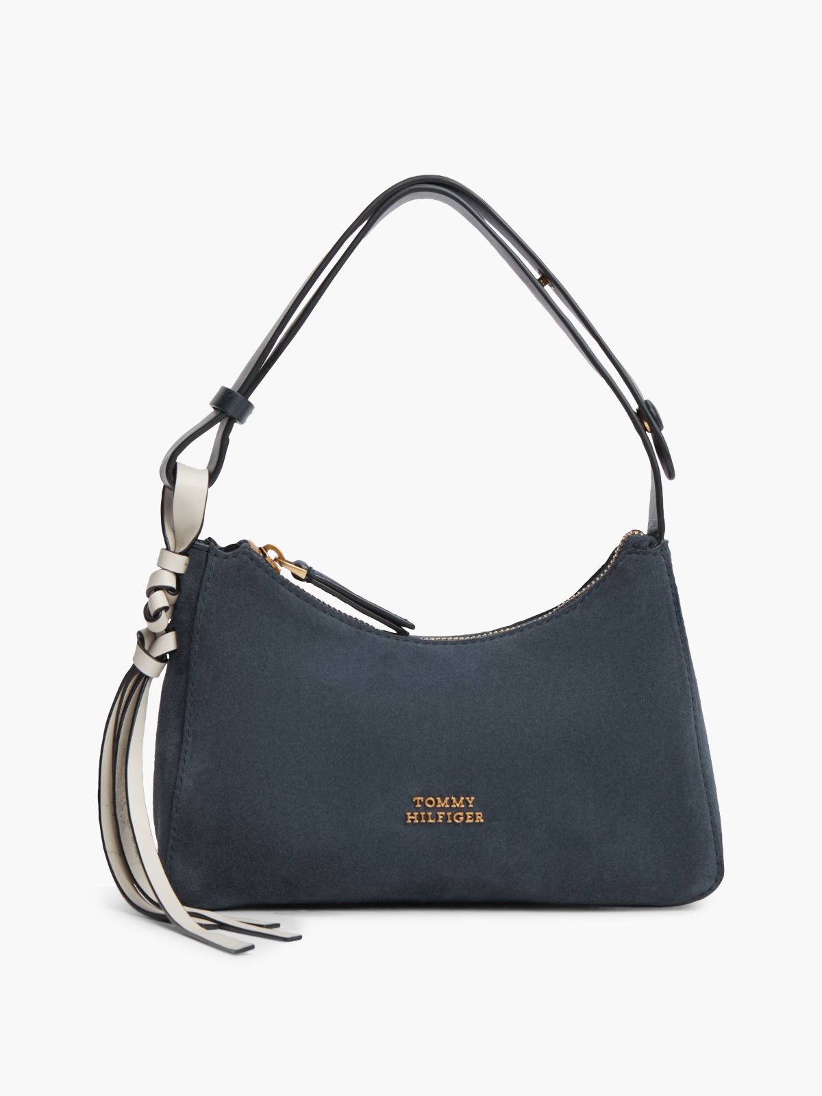 Metal Logo Suede Shoulder Bag — Blue