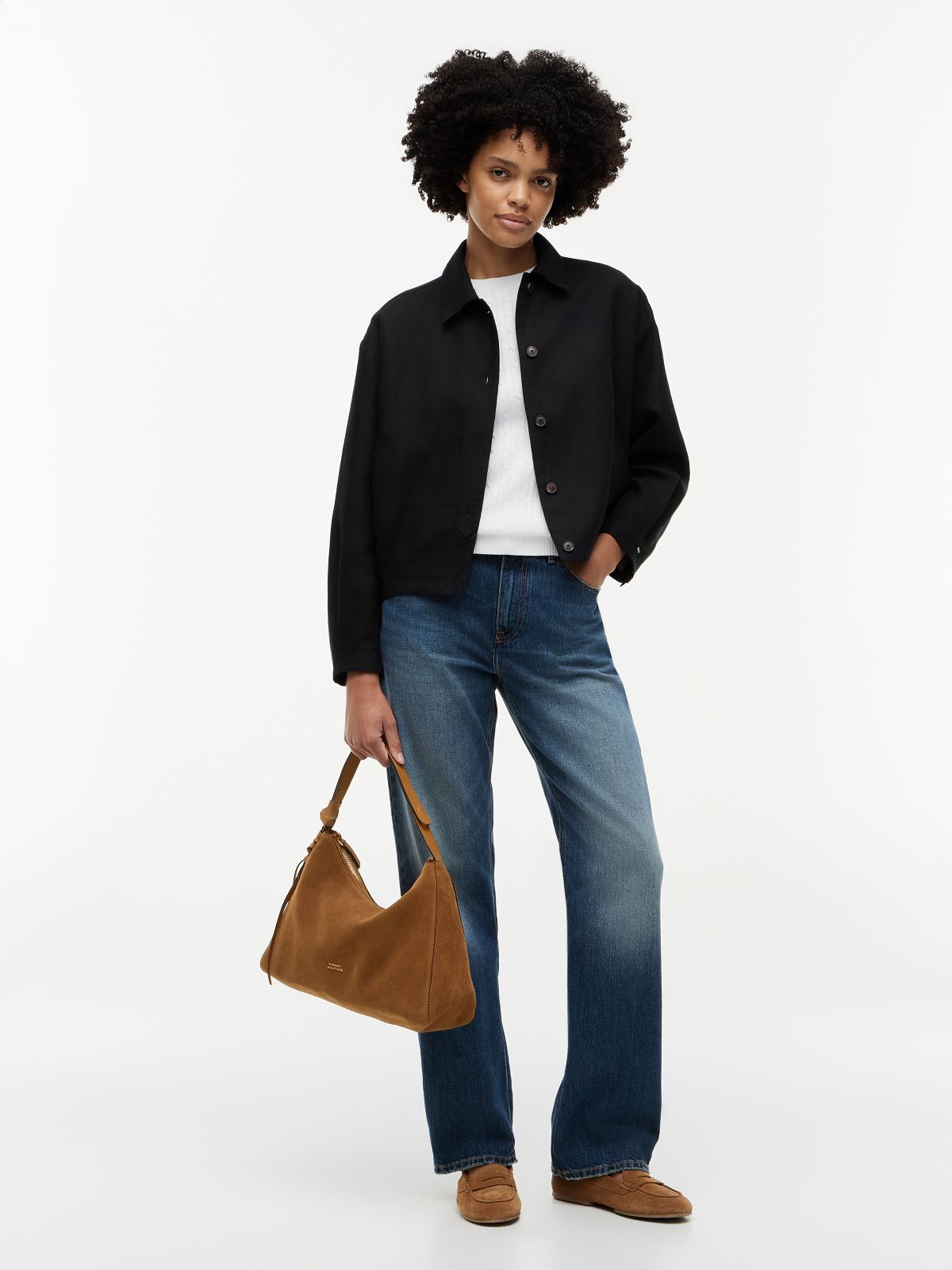 Metal Logo Suede Shoulder Bag — Brown