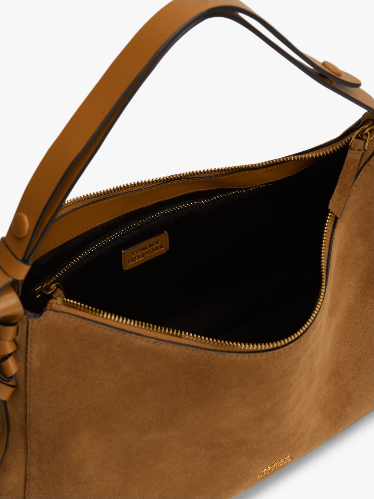 Metal Logo Suede Shoulder Bag — Brown