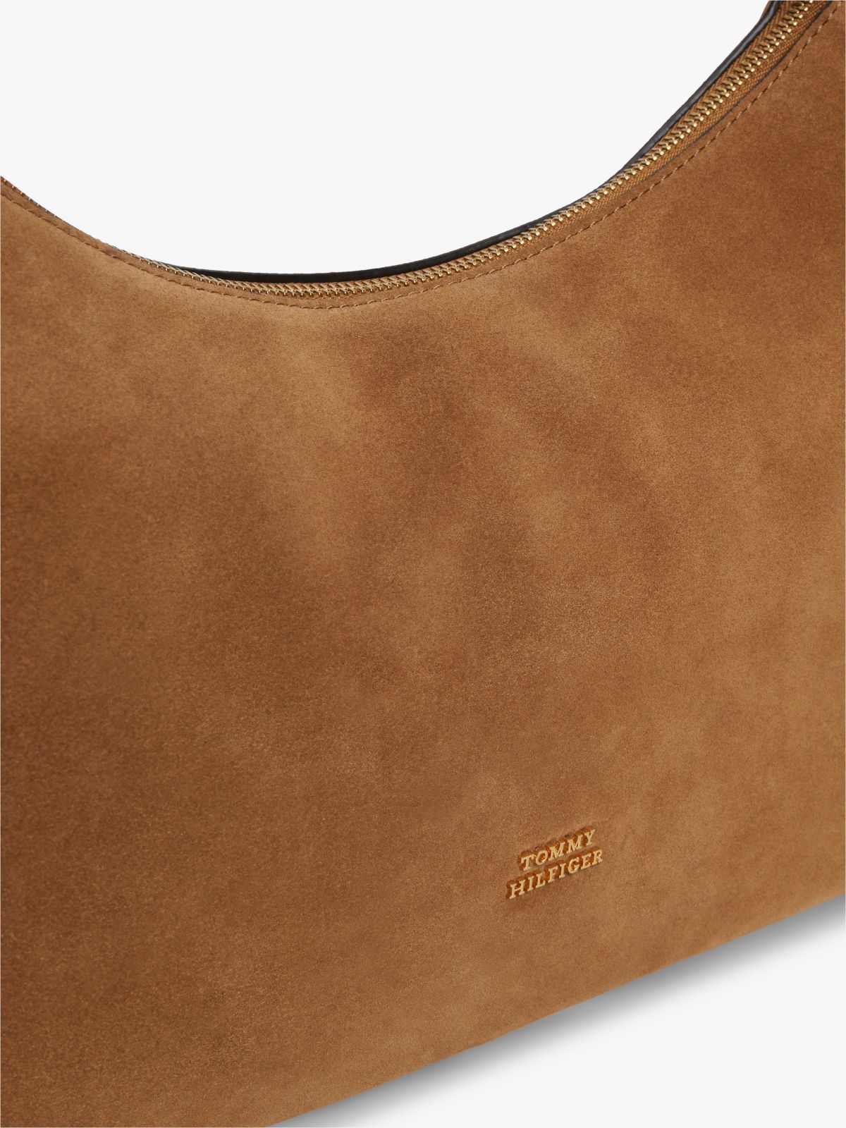 Metal Logo Suede Shoulder Bag — Brown
