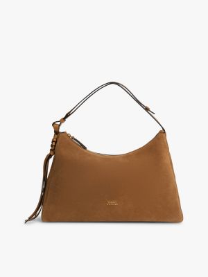 brown suède schoudertas met metalen logo voor dames - tommy hilfiger
