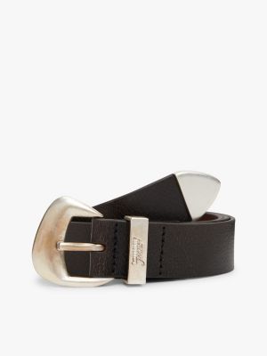 black abstract buckle cracked leather belt for women tommy jeans