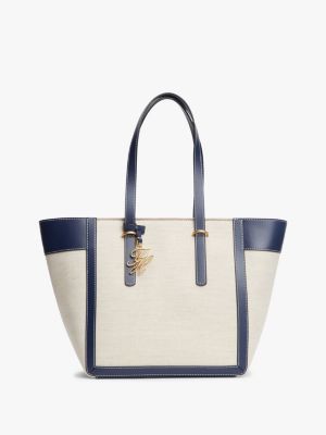blue canvas shopper van linnenmix met logobedel voor dames - tommy hilfiger