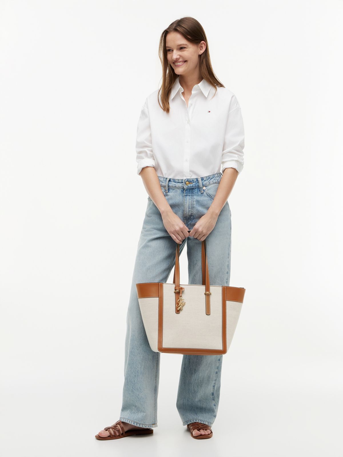 Logo Charm Linen Blend Canvas Tote Bag — Multi