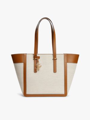 brown canvas shopper van linnenmix met logobedel voor dames - tommy hilfiger
