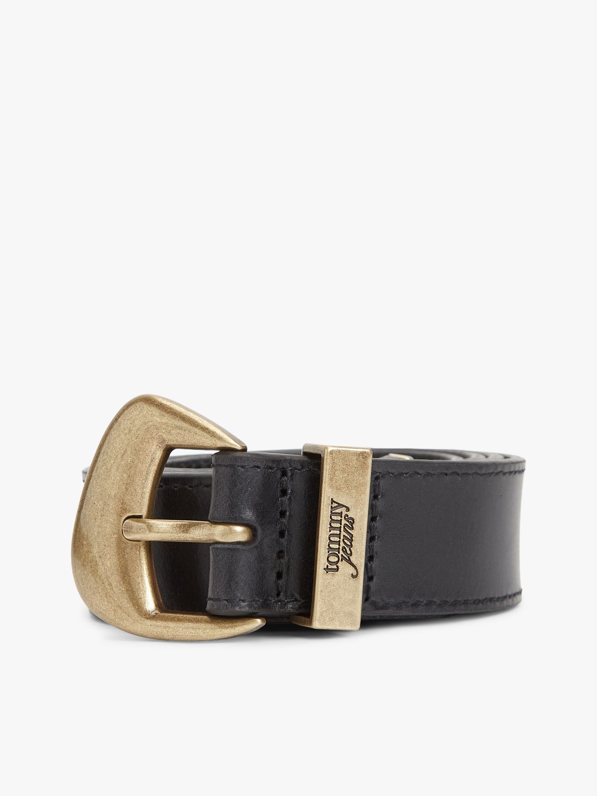 Abstract Buckle Debossed Logo Leather Belt — Black