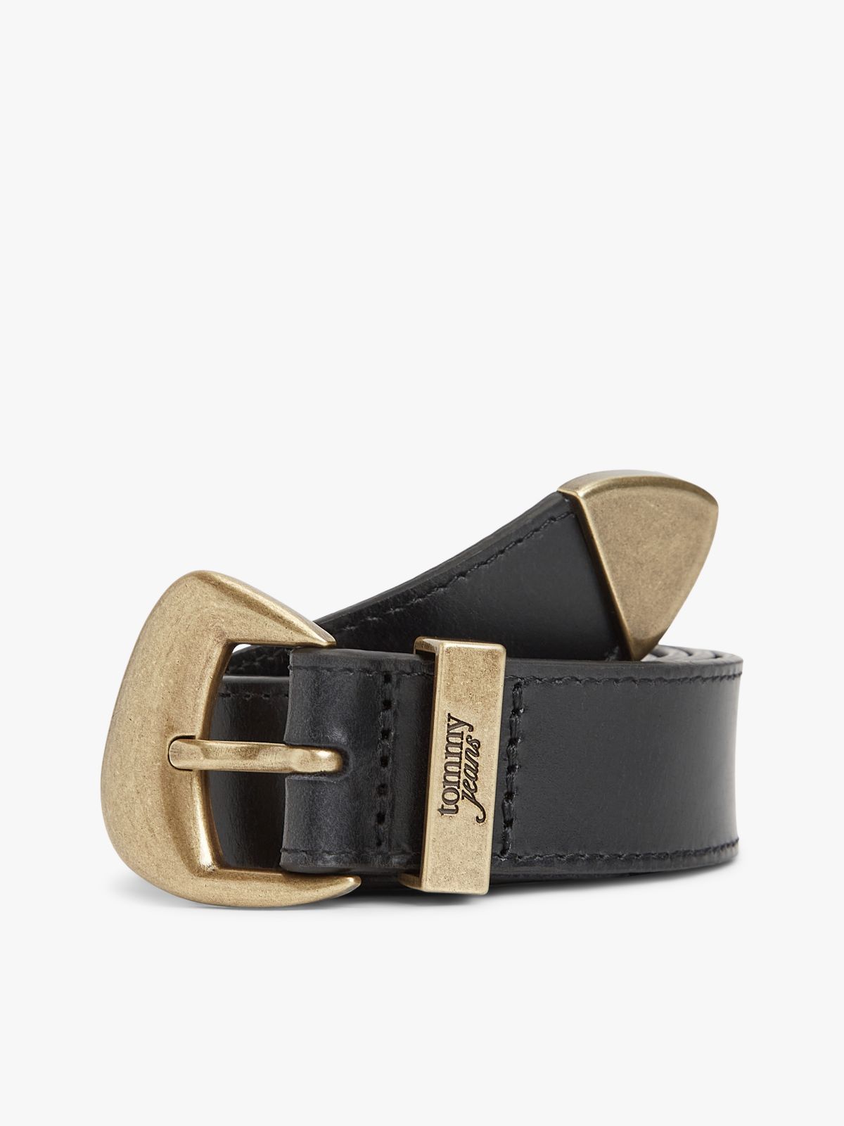 Abstract Buckle Debossed Logo Leather Belt — Black