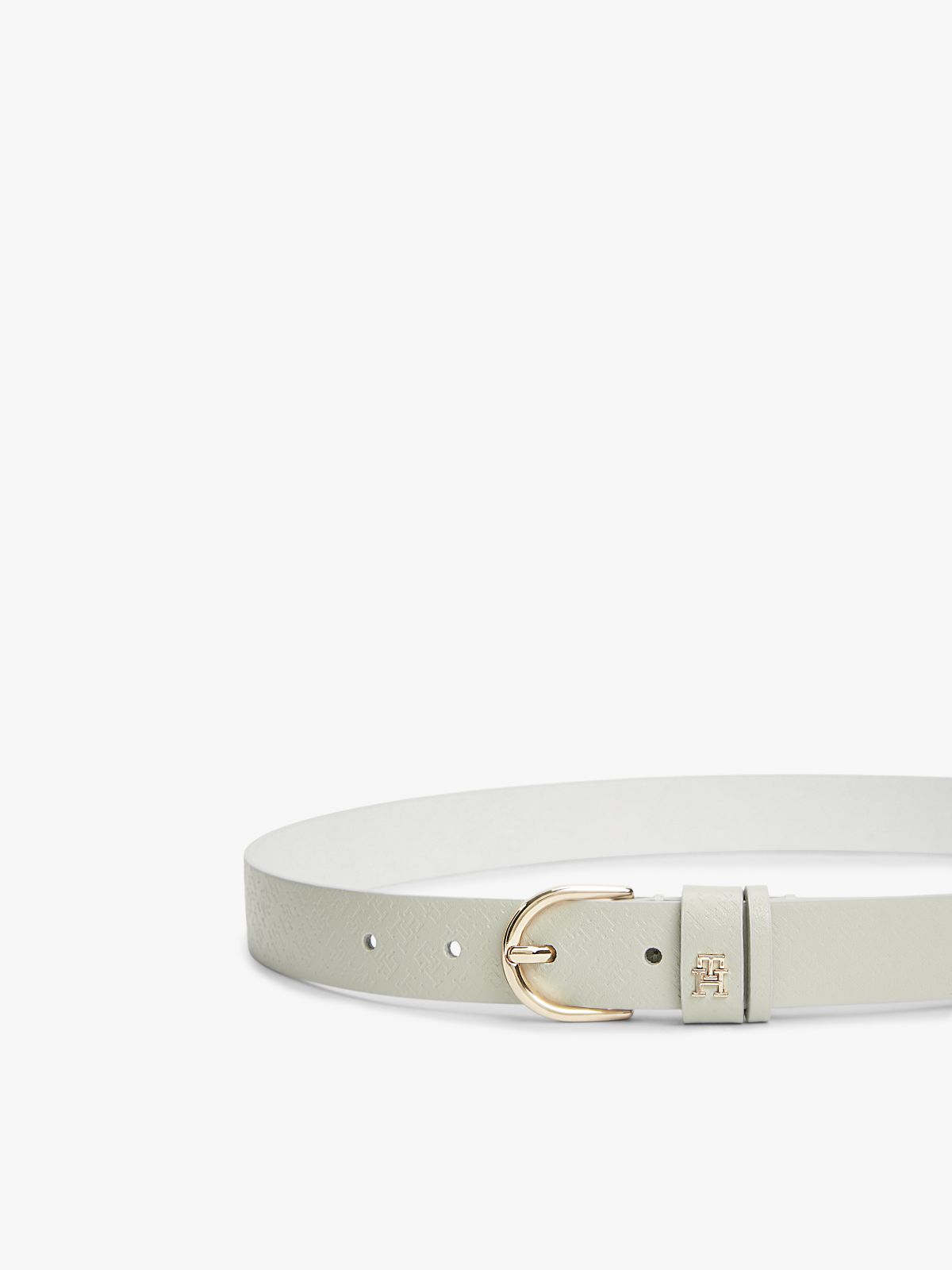 TH Monogram Debossed Leather Belt — Beige