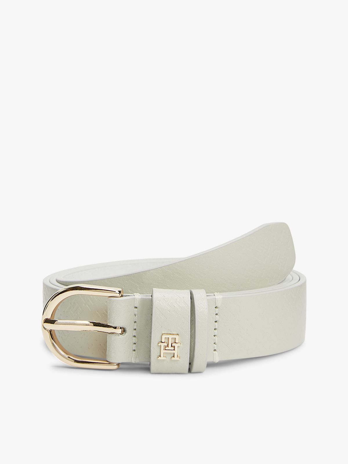 TH Monogram Debossed Leather Belt — Beige