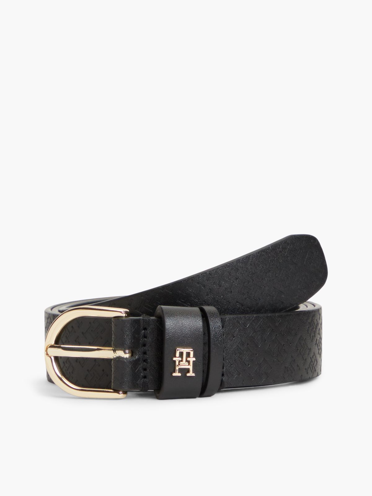 TH Monogram Debossed Leather Belt — Black