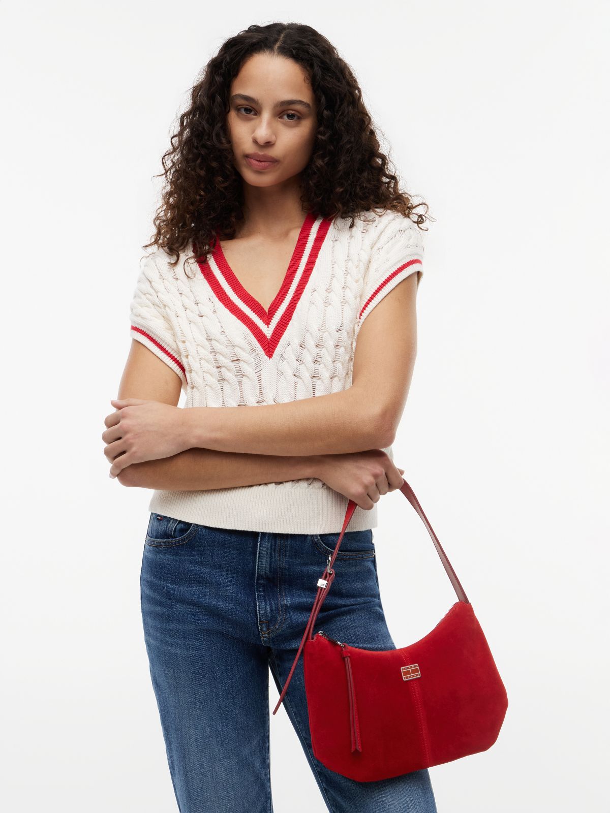 Suede Slouch Shoulder Bag — Red