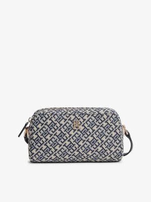 blue crossbody-kameratasche mit th-monogramm-jacquard für damen - tommy hilfiger