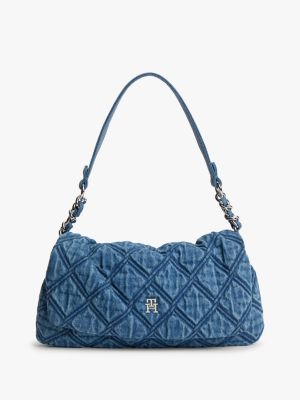 blue quilted denim th monogram shoulder bag for women tommy hilfiger